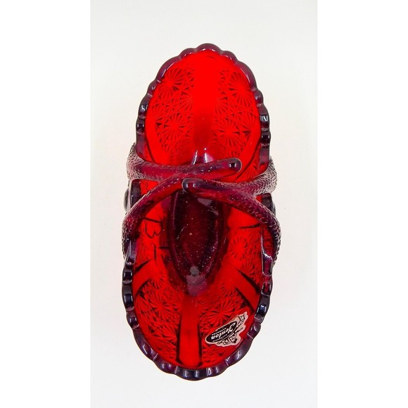 Fenton Glass Ruby Red Daisy and Button Twig Handled Oval Basket Original Sticker - Picture 5 of 11